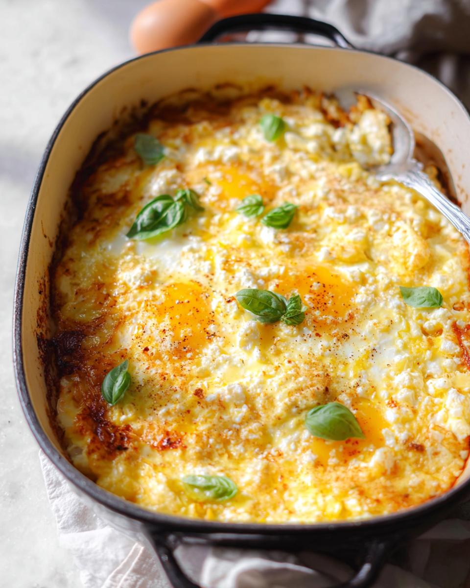 Close-up of Baked Feta Eggs in a rustic casserole dish, topped with fresh basil and sprinkled with paprika.