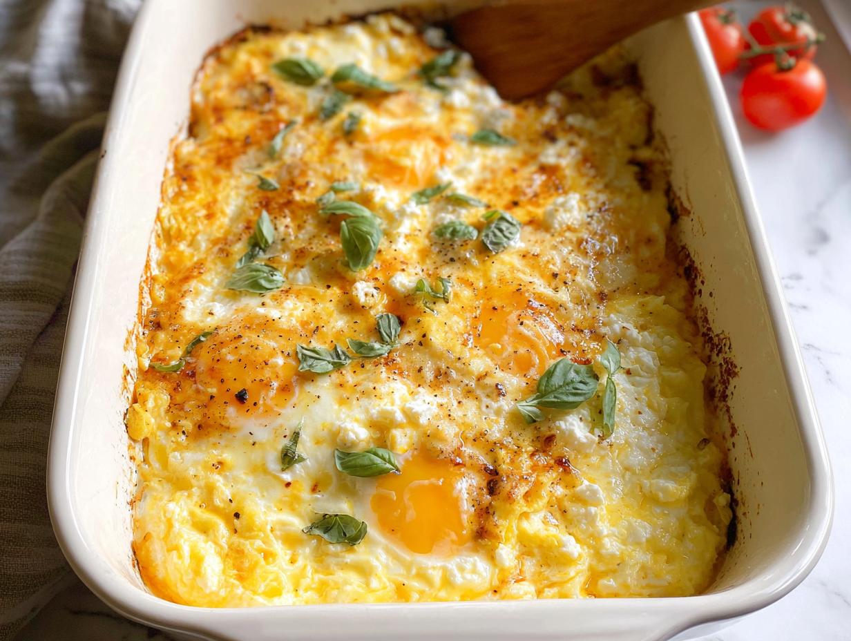A close-up view of baked feta eggs in a white casserole dish, topped with fresh basil and cracked black pepper.