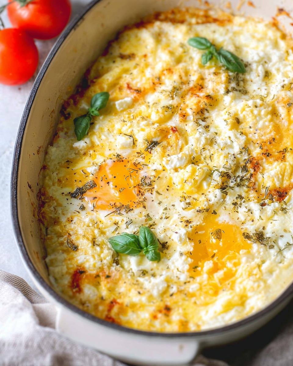 Close-up of baked feta eggs in a dish, topped with herbs and garnished with fresh basil.