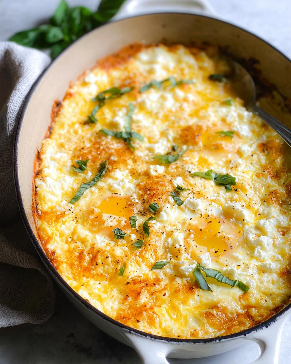 Close-up of baked feta eggs in a white dish, topped with fresh basil and spices.