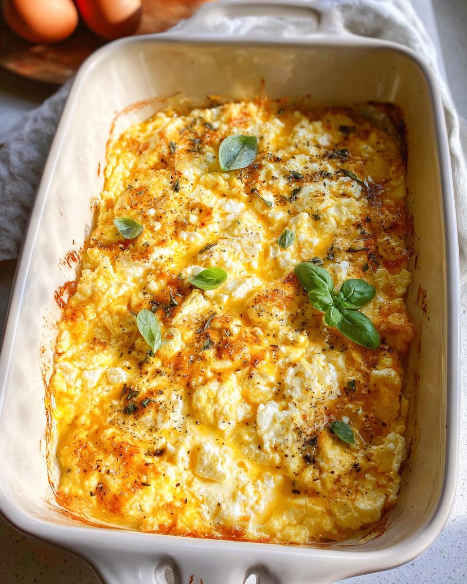 A close-up of golden brown Baked Feta Eggs in a white ceramic baking dish, garnished with fresh basil leaves.