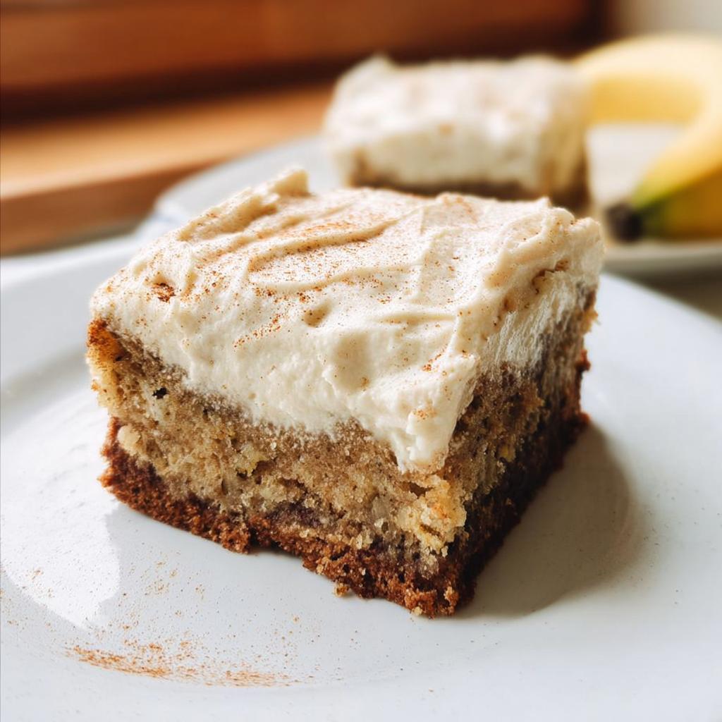 A close-up of a square Banana Bread Brownies Made Easy slice with creamy frosting and a sprinkle of cinnamon.