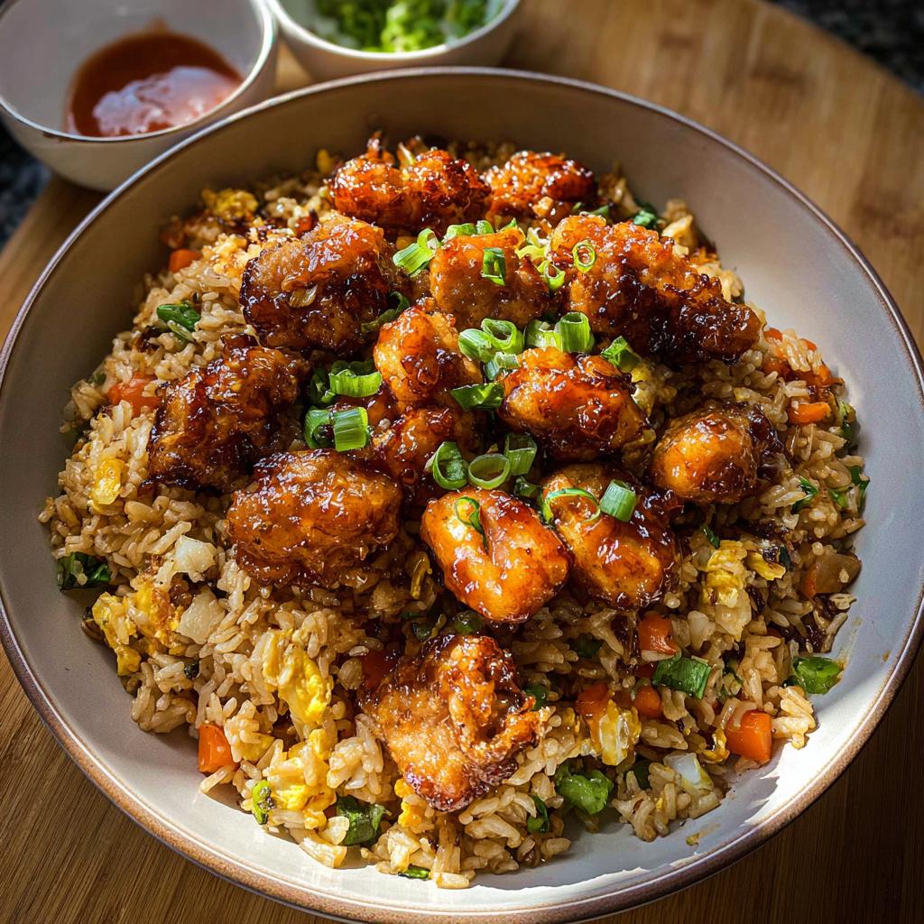 A bowl of Bang Bang Fried Rice topped with crispy, glazed chicken pieces and chopped green onions.