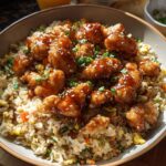 A bowl of Bang Bang Fried Rice topped with crispy, glazed chicken pieces and sesame seeds.