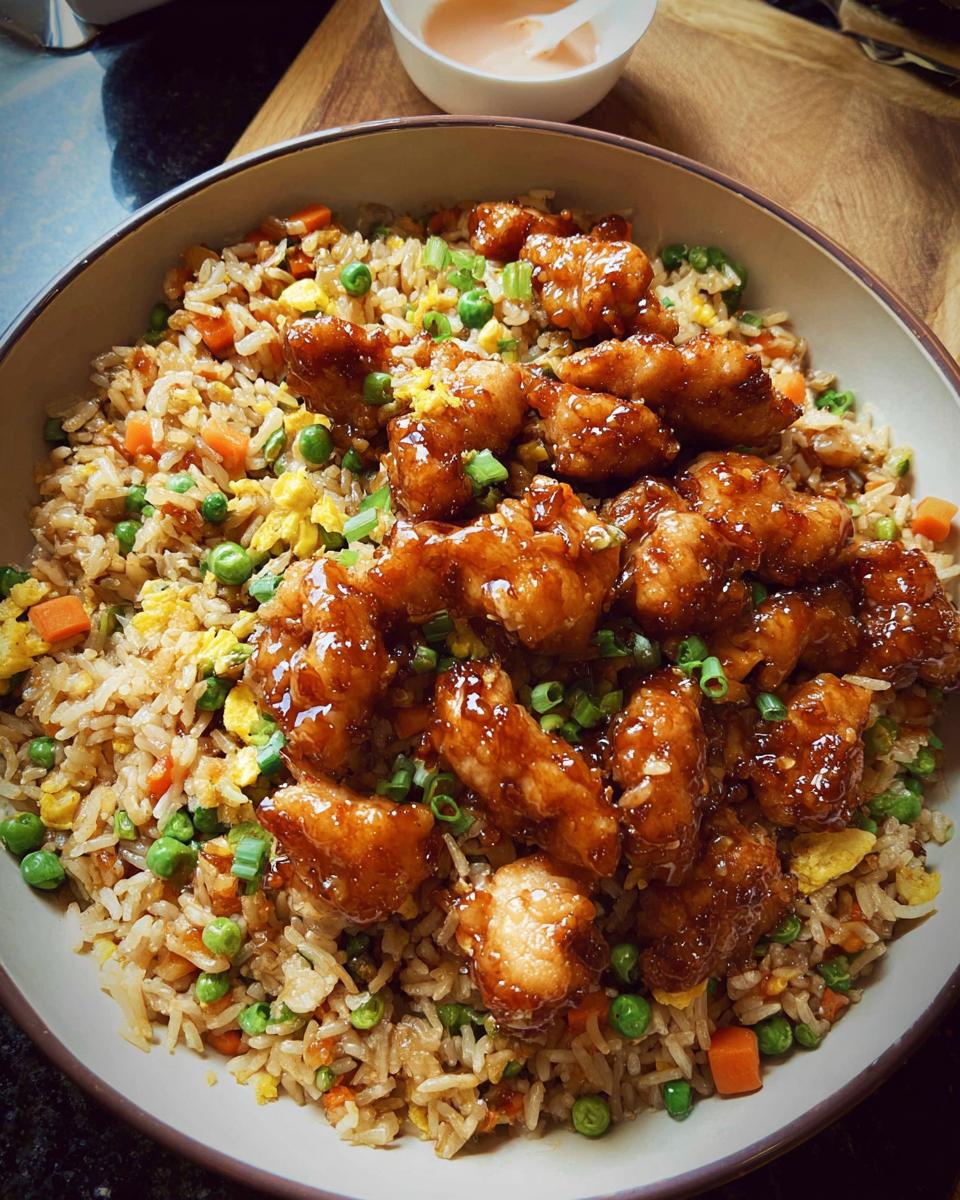 A bowl of Bang Bang Fried Rice topped with glazed chicken pieces and chopped green onions.