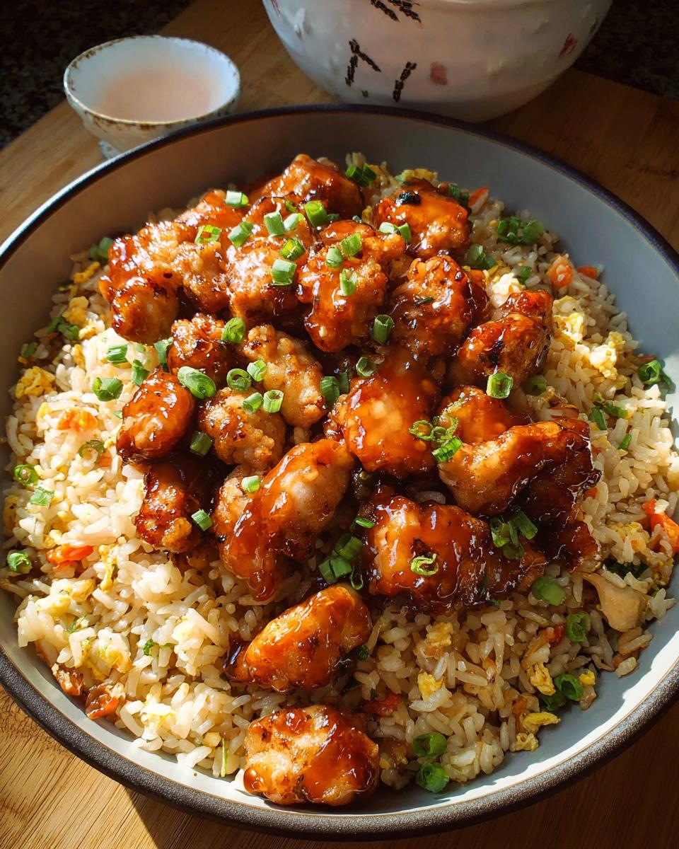 A bowl of Bang Bang Fried Rice topped with crispy, glazed chicken pieces and garnished with chopped green onions.