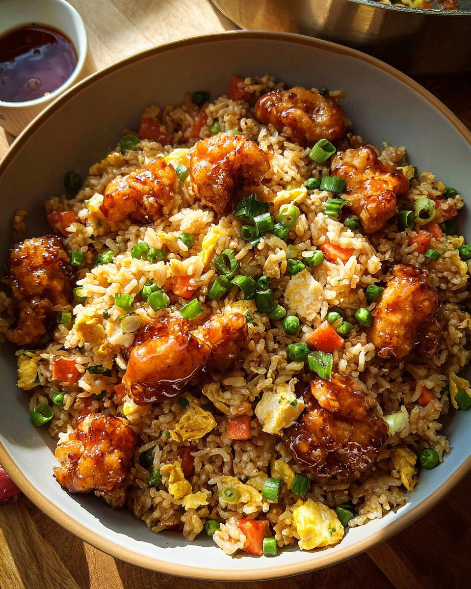 A close-up of a bowl of Bang Bang Fried Rice topped with crispy, glazed chicken pieces and green onions.