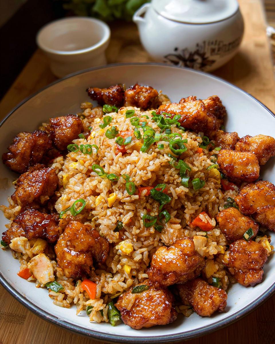 A close-up of a bowl of Bang Bang Fried Rice topped with crispy, glazed chicken pieces and green onions.