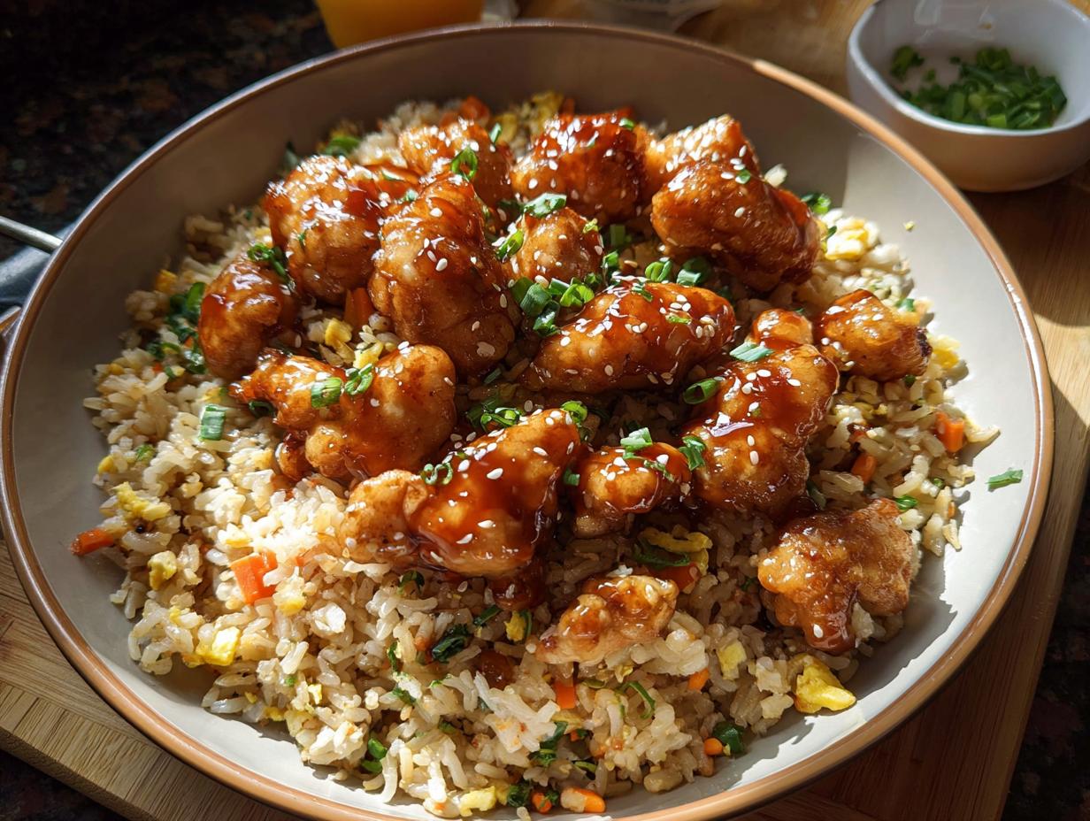 A bowl of Bang Bang Fried Rice topped with crispy, glazed chicken pieces and sesame seeds.