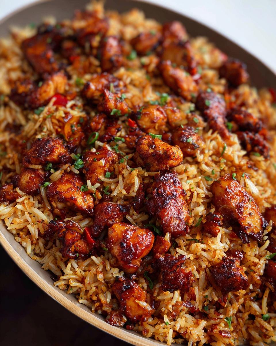 A close-up of a bowl filled with savory BBQ Chicken and Rice, garnished with fresh herbs.