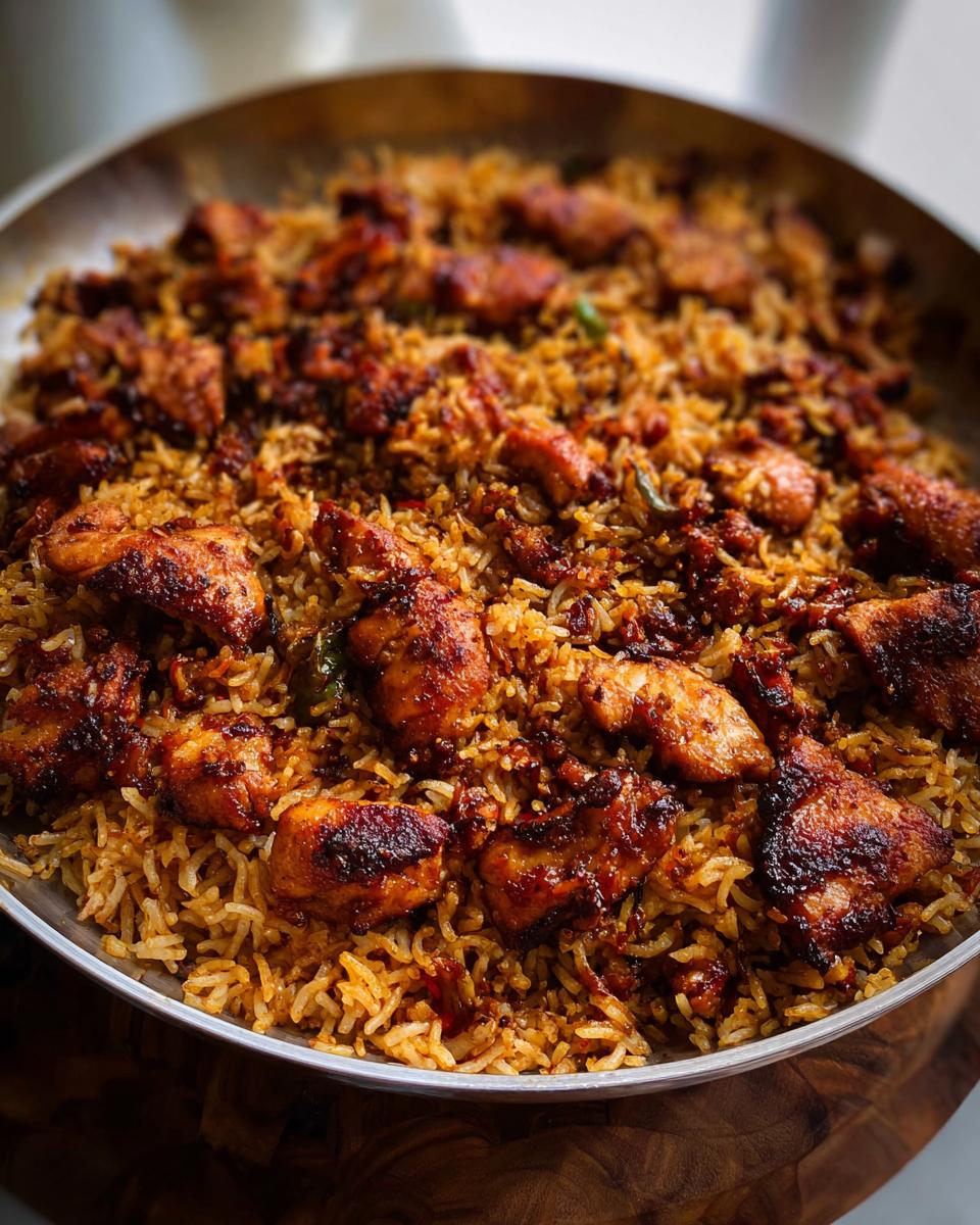 Close-up of a pan filled with delicious BBQ Chicken and Rice, featuring tender chicken pieces mixed with seasoned rice.