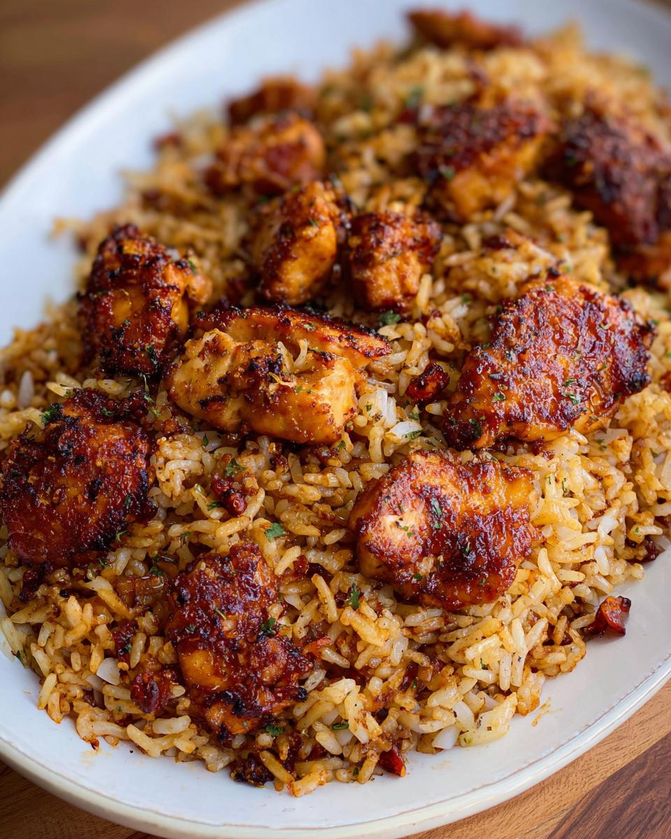 Close-up of a platter of BBQ Chicken and Rice, featuring tender chicken pieces coated in BBQ sauce atop fluffy rice.