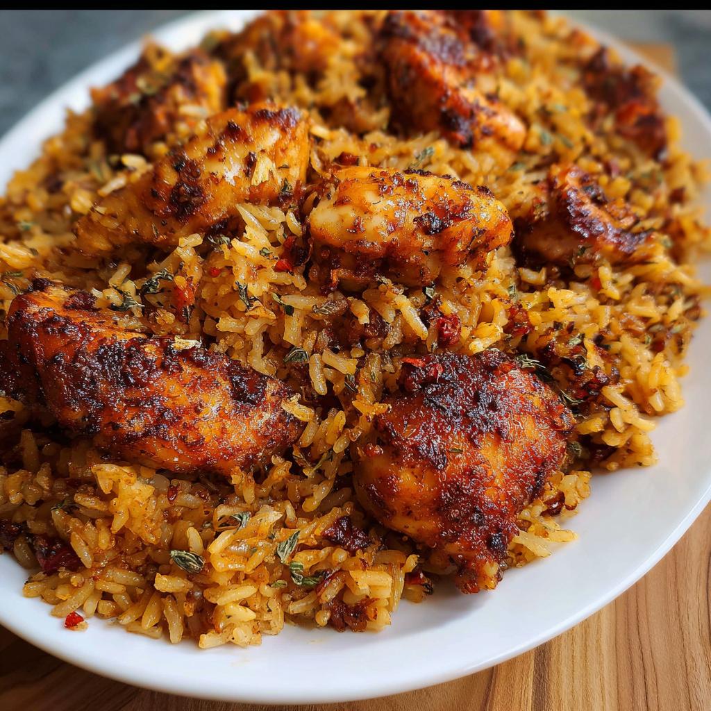 A close-up of a white plate filled with flavorful BBQ Chicken and Rice, garnished with herbs.