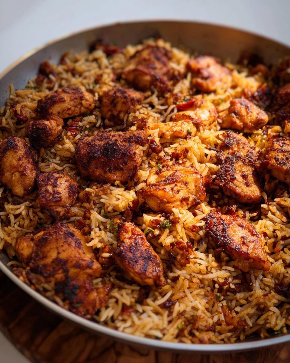 Close-up of a skillet filled with flavorful BBQ Chicken and Rice, featuring tender chicken pieces and fluffy rice.