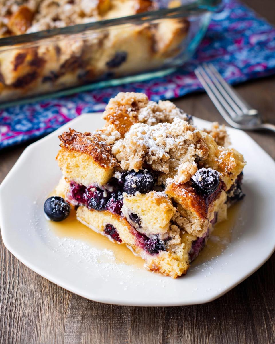 A delicious slice of Best Blueberry French Toast Casserole topped with streusel and powdered sugar.