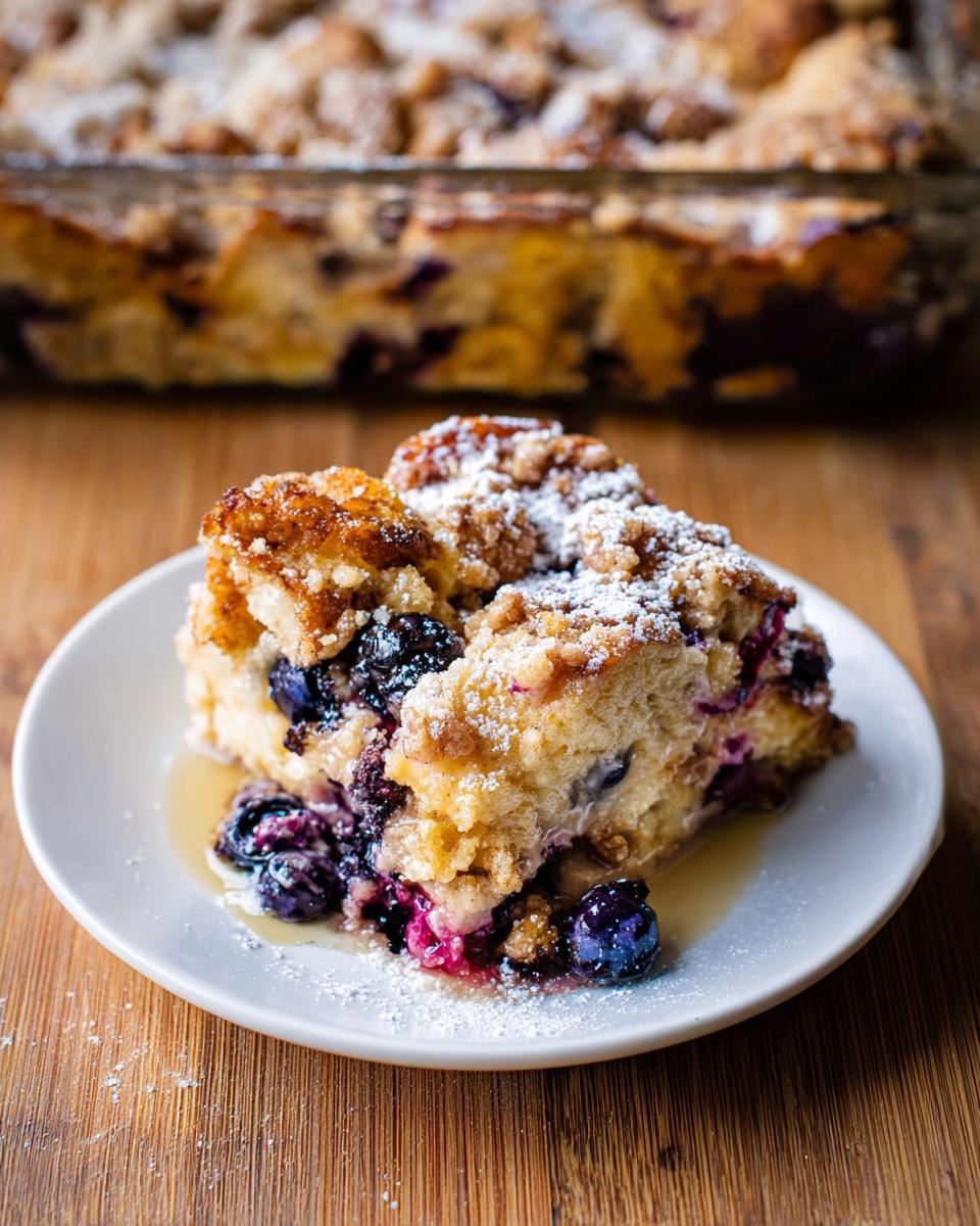 A delicious slice of Best Blueberry French Toast Casserole, topped with powdered sugar and syrup.