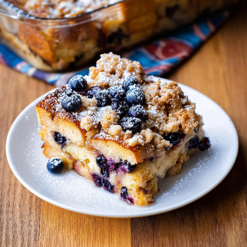 A delicious slice of Best Blueberry French Toast Casserole topped with fresh blueberries and powdered sugar.