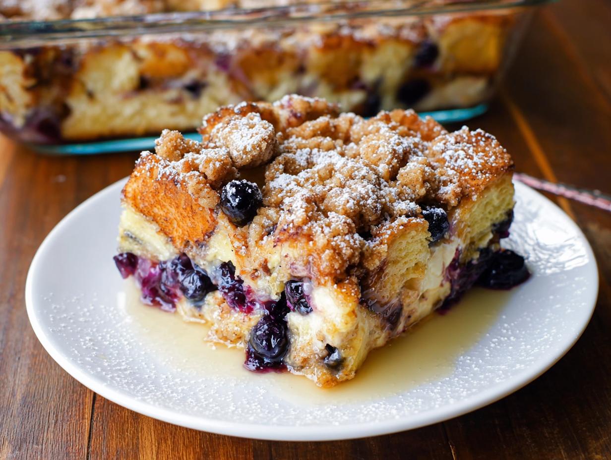 A delicious slice of Best Blueberry French Toast Casserole, topped with streusel and powdered sugar, on a white plate.