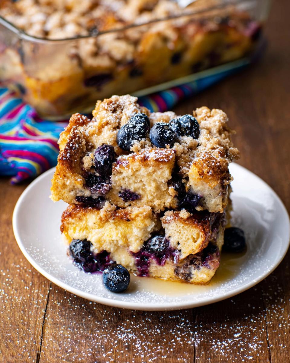 A stack of two slices of Best Blueberry French Toast Casserole, topped with fresh blueberries and powdered sugar.