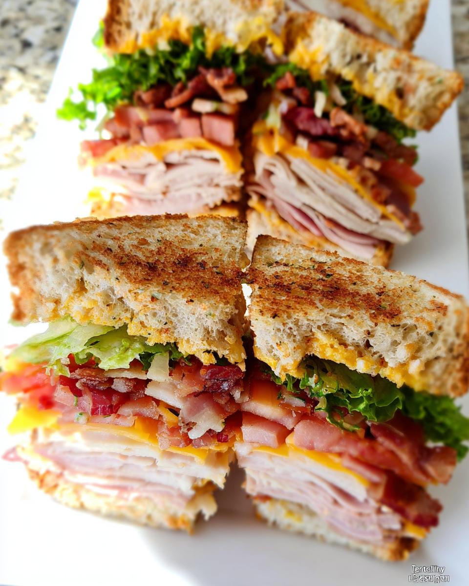 A stacked Breakfast Club Sandwich cut in half, showcasing layers of turkey, ham, bacon, cheese, lettuce, and tomato on toasted bread.