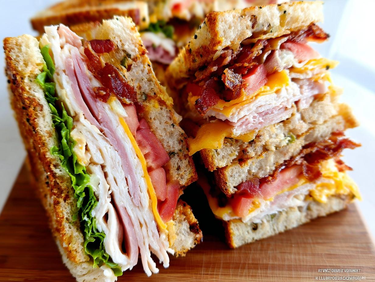 Close-up of a stacked Breakfast Club Sandwich with turkey, ham, bacon, cheese, tomato, and lettuce on toasted bread.