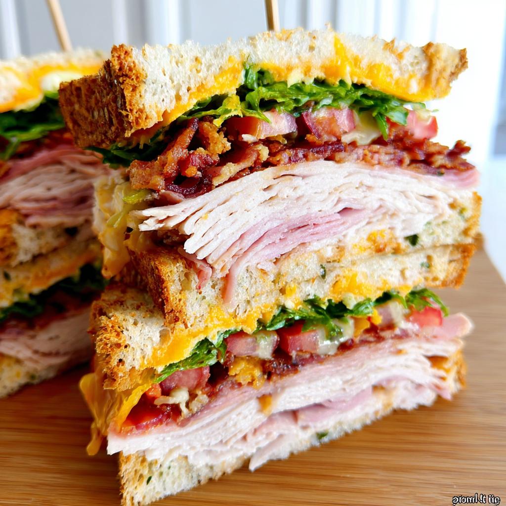 A tall stack of a Breakfast Club Sandwich with layers of turkey, ham, bacon, lettuce, tomato, and cheese.