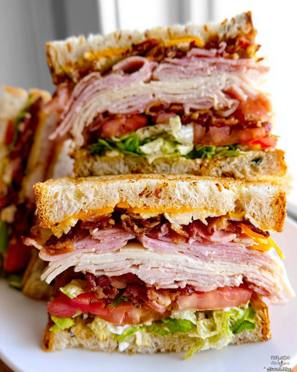 A tall, stacked Breakfast Club Sandwich featuring layers of turkey, ham, bacon, lettuce, tomato, and cheese on toasted bread.