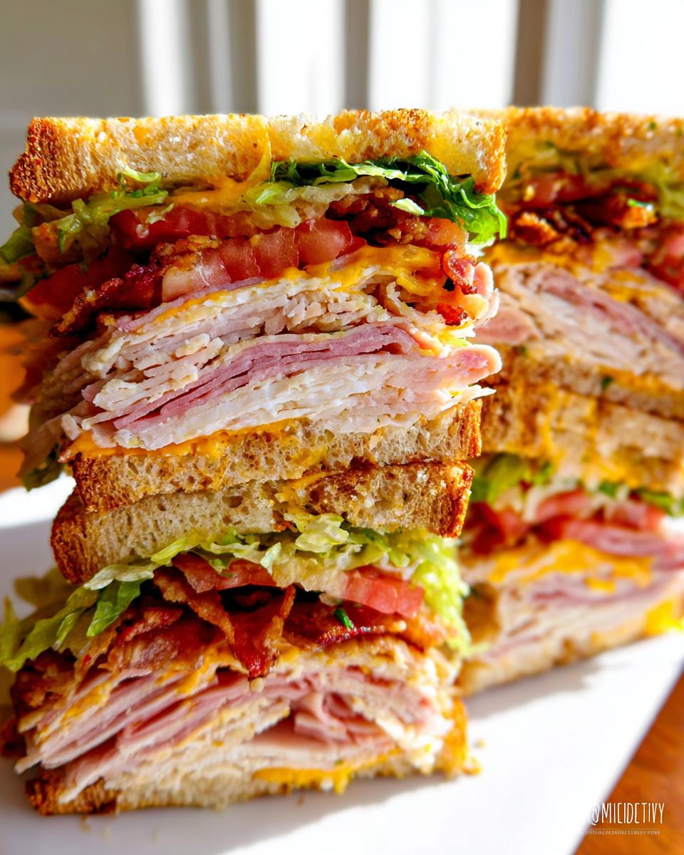 A tall, stacked Breakfast Club Sandwich with layers of turkey, ham, bacon, lettuce, tomato, and cheese on toasted bread.