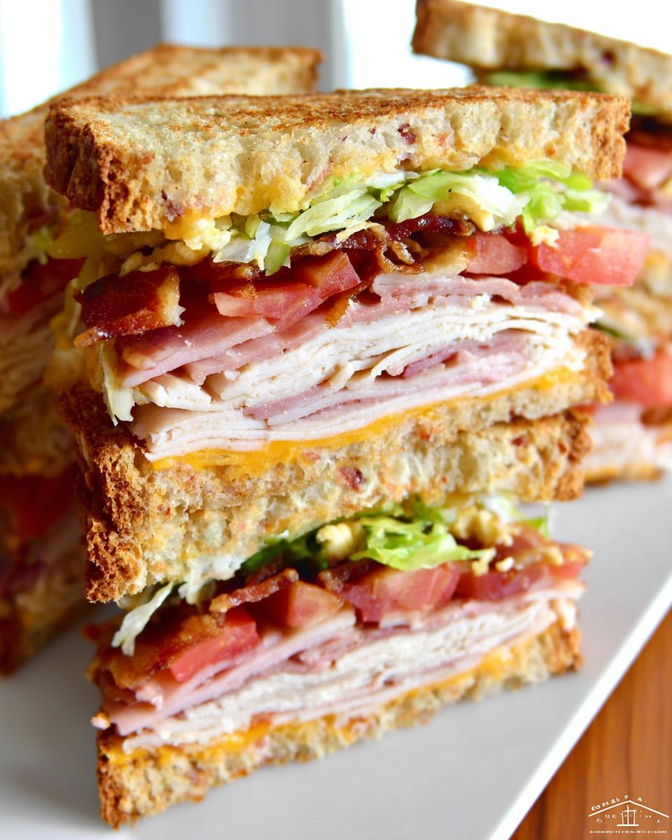 A tall, stacked Breakfast Club Sandwich featuring toasted bread, turkey, ham, bacon, lettuce, tomato, and cheese.