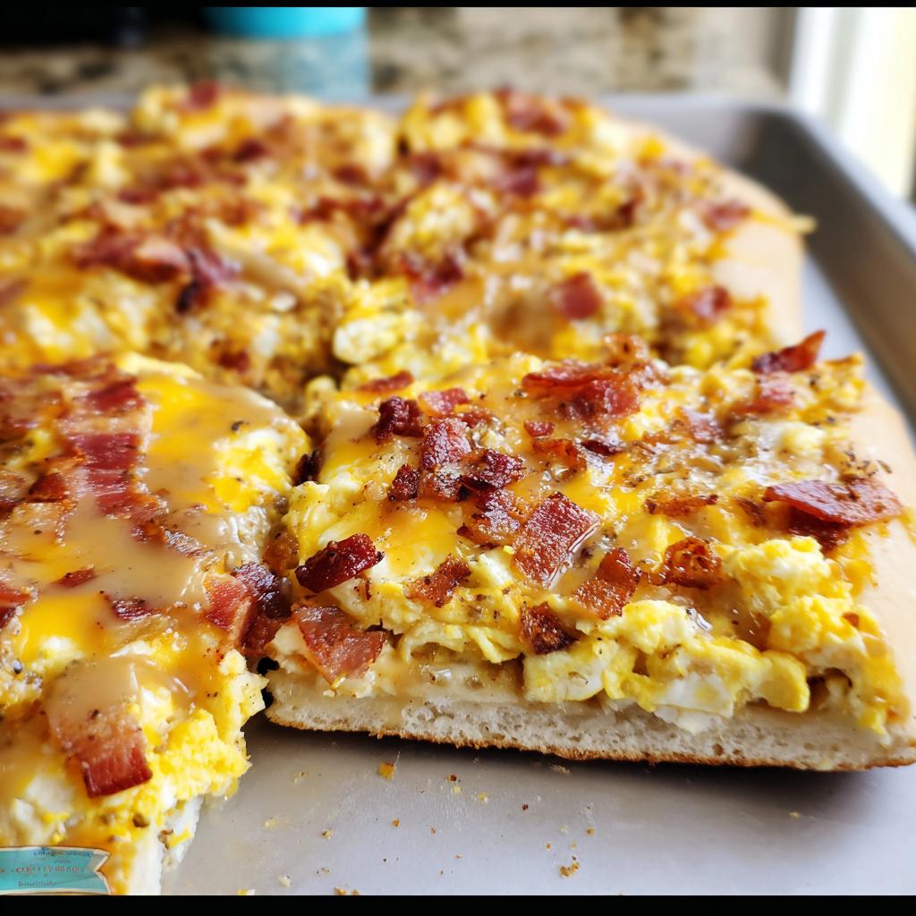 A slice of breakfast pizza egg recipe topped with scrambled eggs, melted cheese, and crispy bacon pieces.