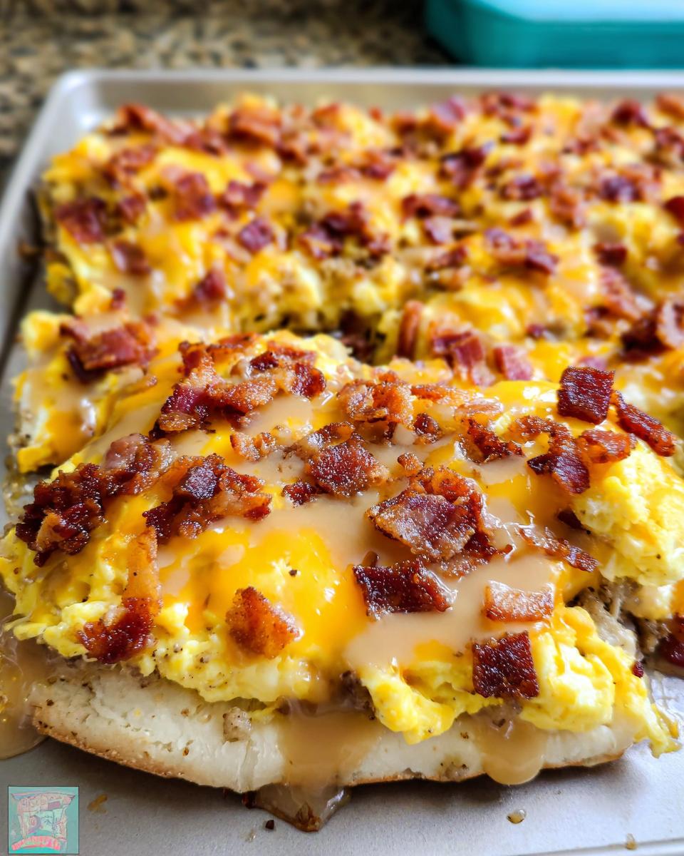 Close-up of a slice of breakfast pizza with scrambled eggs, melted cheese, bacon, and gravy.