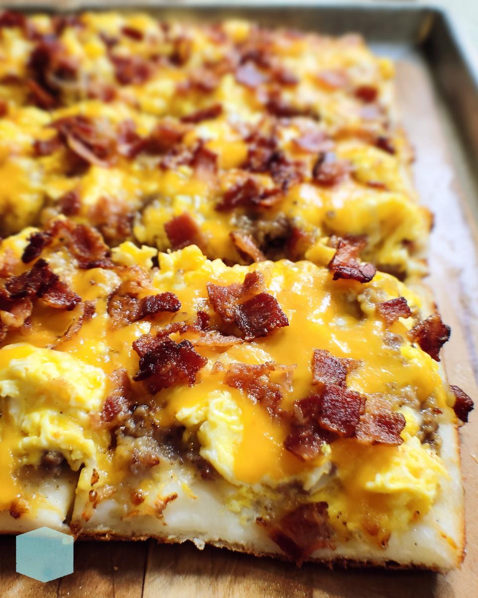 Close-up of a sheet pan breakfast pizza egg recipe topped with scrambled eggs, melted cheese, and crispy bacon.