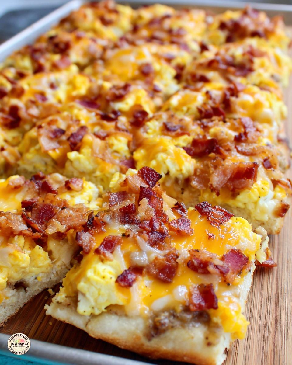 Close-up of a breakfast pizza egg recipe slice topped with scrambled eggs, melted cheese, and crispy bacon.