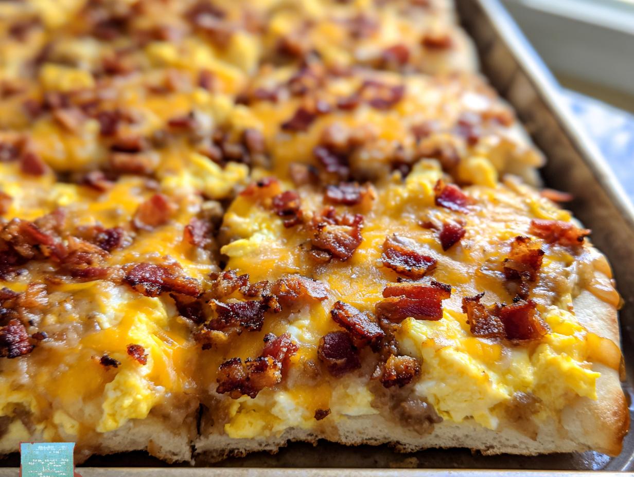 A close-up of a freshly baked breakfast pizza egg recipe topped with melted cheese and crispy bacon.