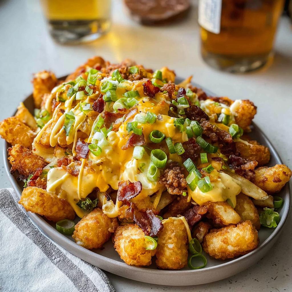 A plate of Breakfast Poutine with Hollandaise Sauce, crispy tater tots, bacon bits, and green onions.