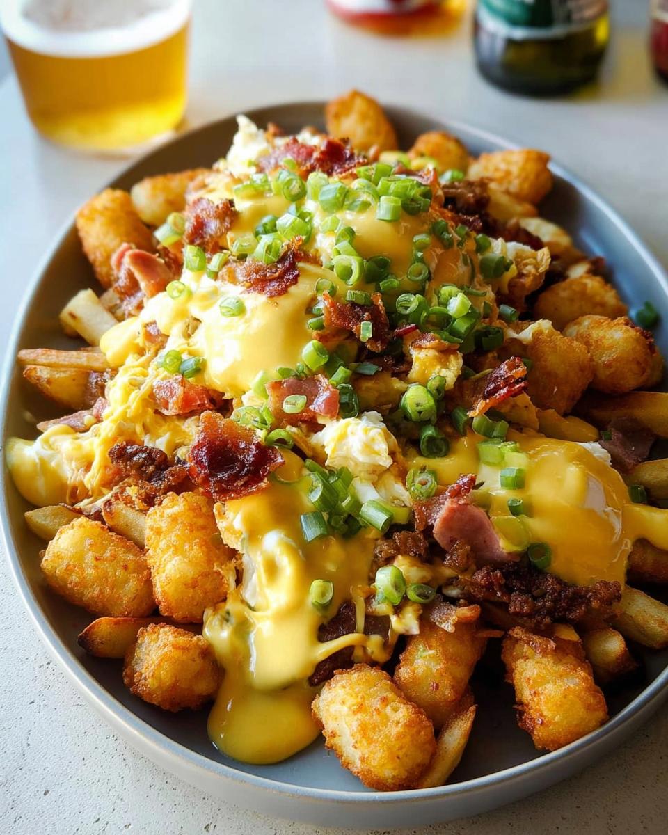 A hearty plate of Breakfast Poutine with Hollandaise Sauce, featuring crispy tater tots, french fries, scrambled eggs, bacon, and green onions.