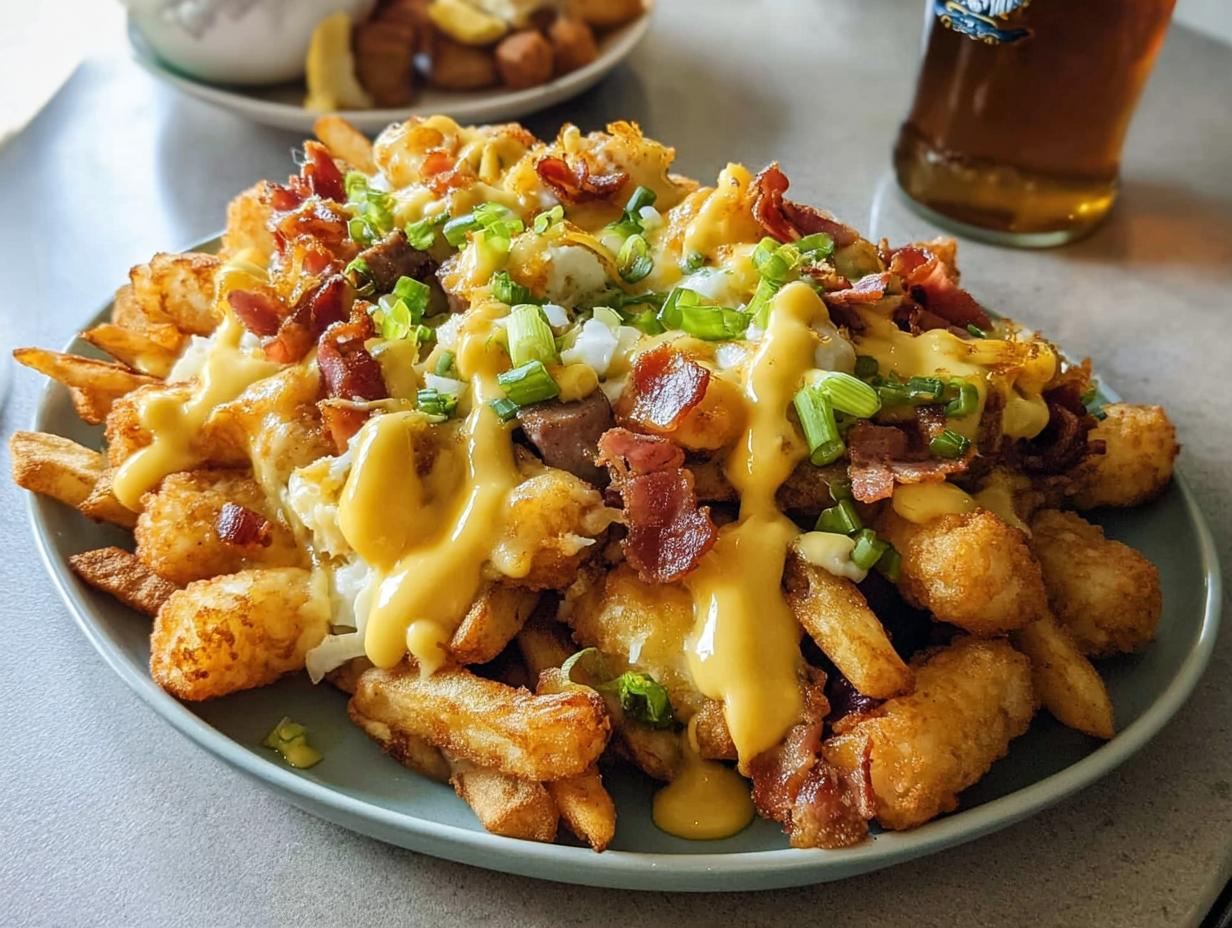 A plate of Breakfast Poutine with Hollandaise Sauce, featuring crispy fries, tater tots, bacon, and green onions.