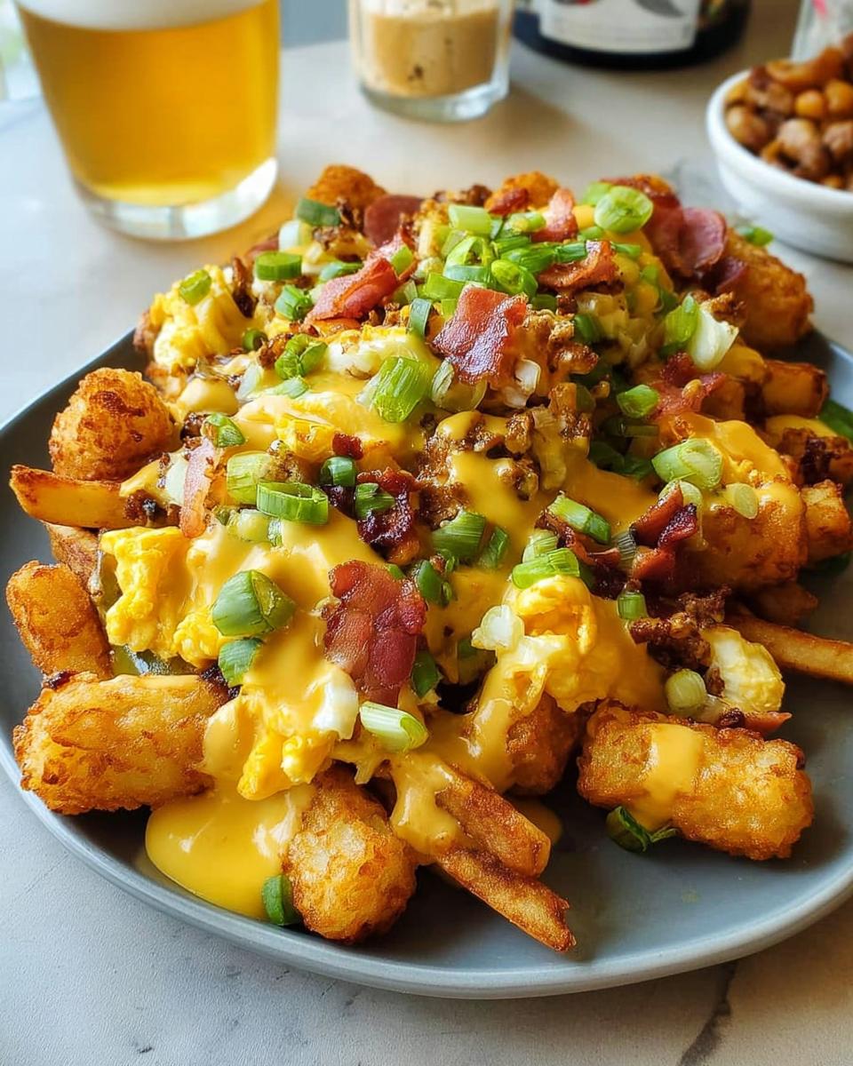 A plate of Breakfast Poutine with Hollandaise Sauce, featuring tater tots, french fries, scrambled eggs, bacon, and green onions.
