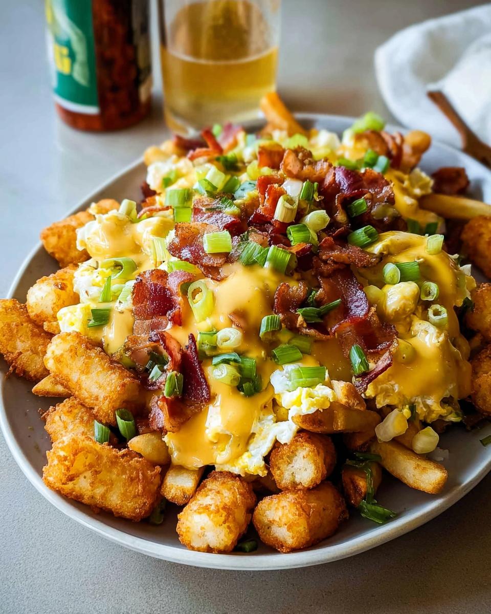 A hearty plate of Breakfast Poutine with Hollandaise Sauce, featuring crispy tater tots, scrambled eggs, bacon, and green onions.