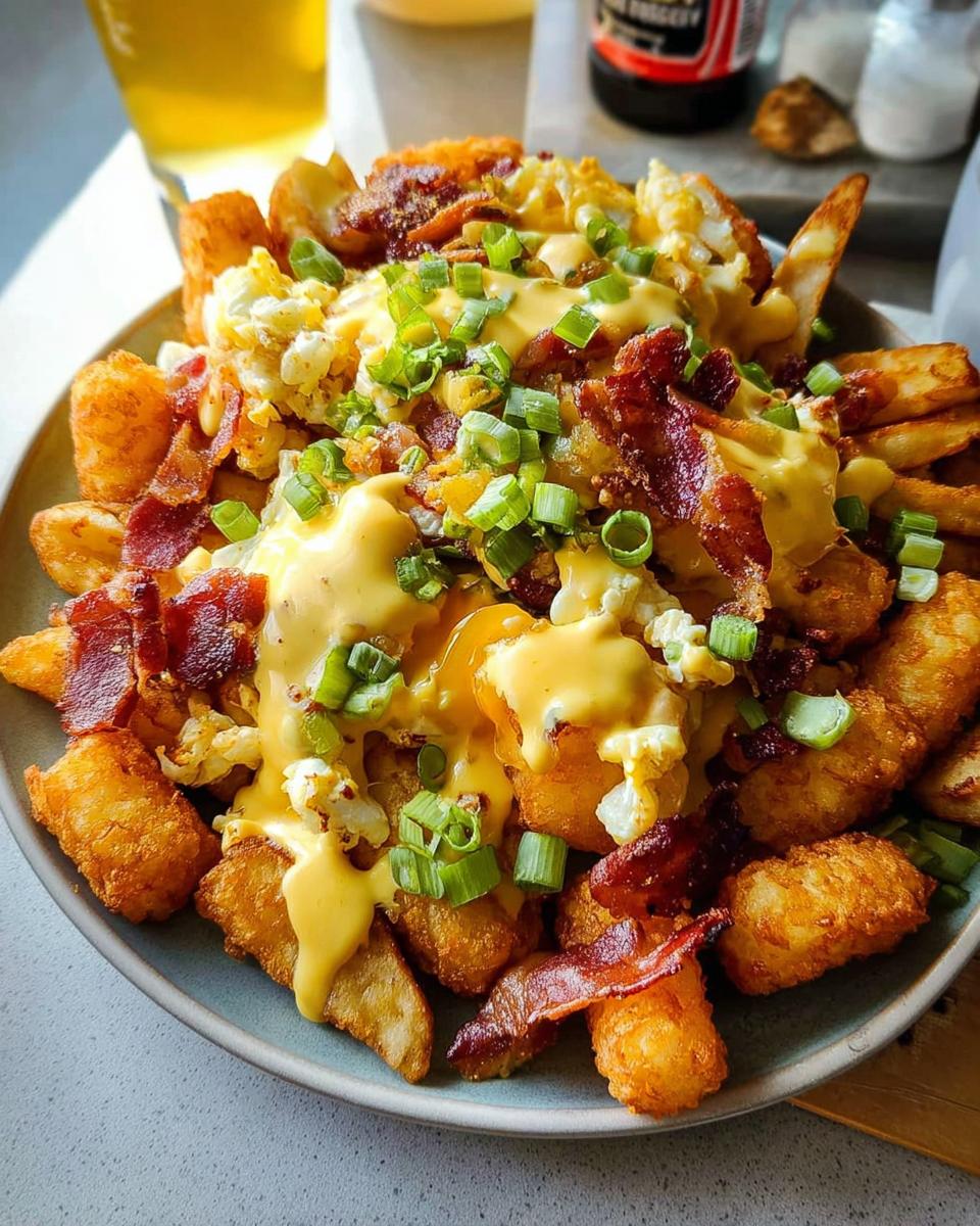 A plate of Breakfast Poutine with Hollandaise Sauce, featuring crispy tater tots, french fries, scrambled eggs, bacon, and green onions.