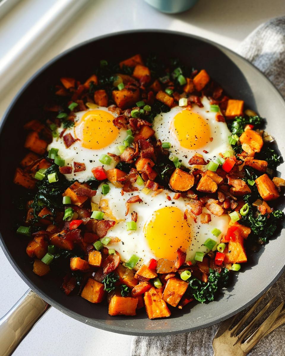 One-pan BREAKFAST SWEET POTATO hash with fried eggs, bacon, kale, and green onions.