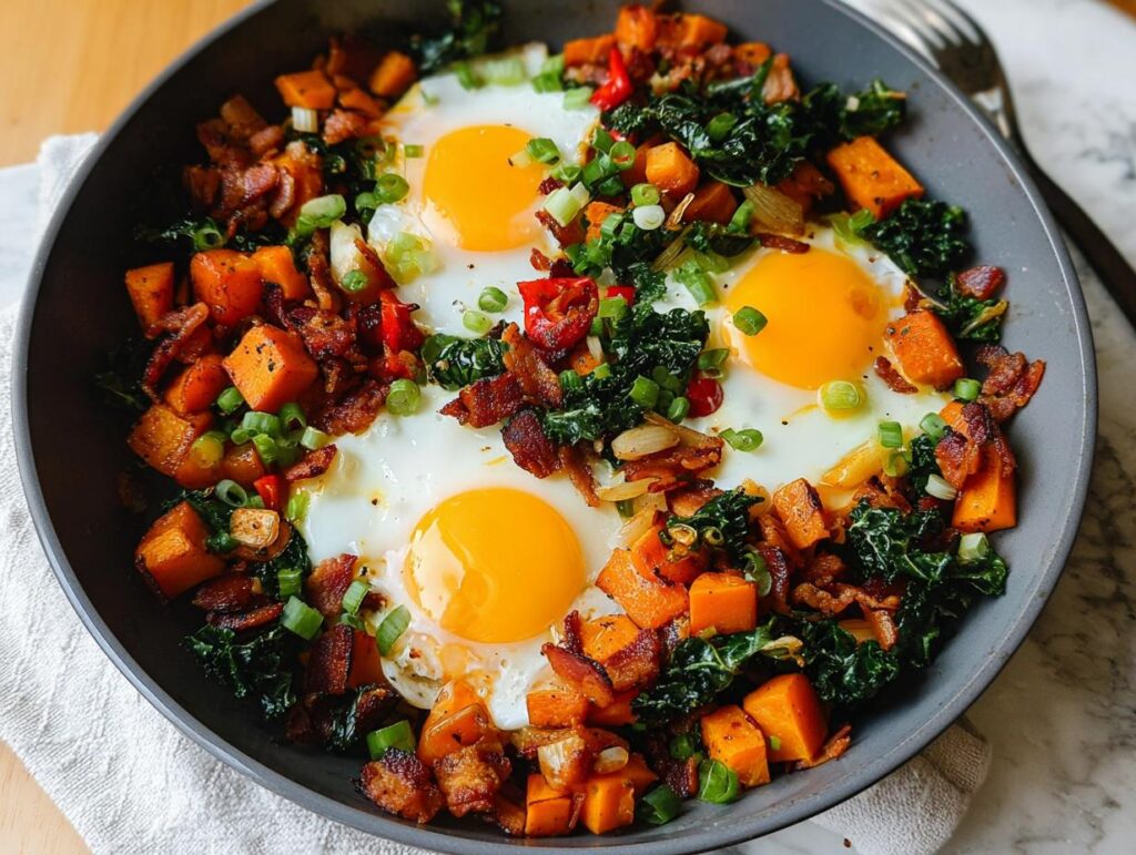 A hearty one-pan BREAKFAST SWEET POTATO hash with fried eggs, bacon, kale, and green onions.