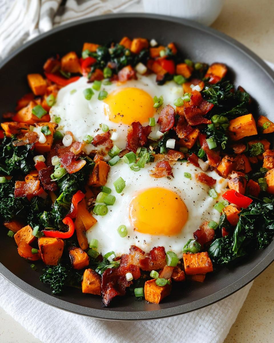 A one-pan hash featuring BREAKFAST SWEET POTATO cubes, fried eggs, crispy bacon, and green onions.