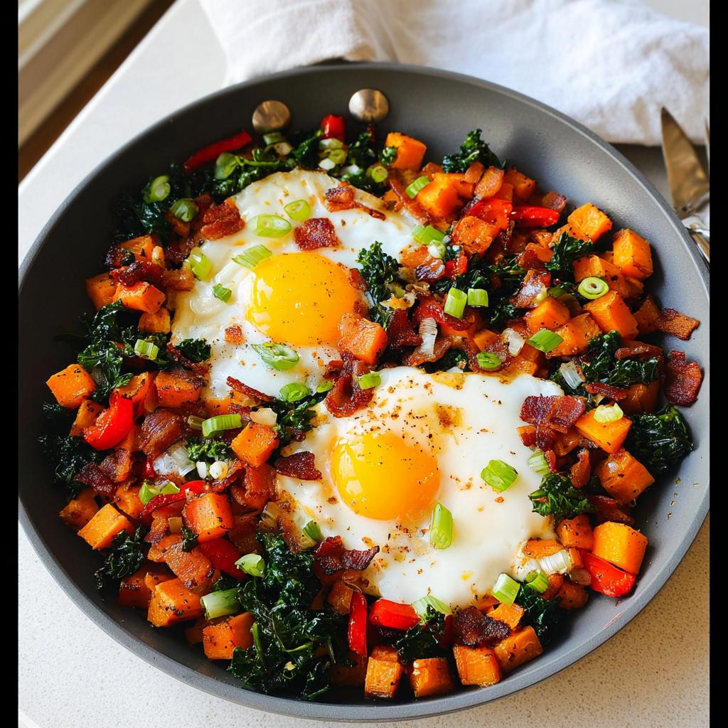 A hearty one-pan BREAKFAST SWEET POTATO hash with fried eggs, bacon, kale, and peppers.