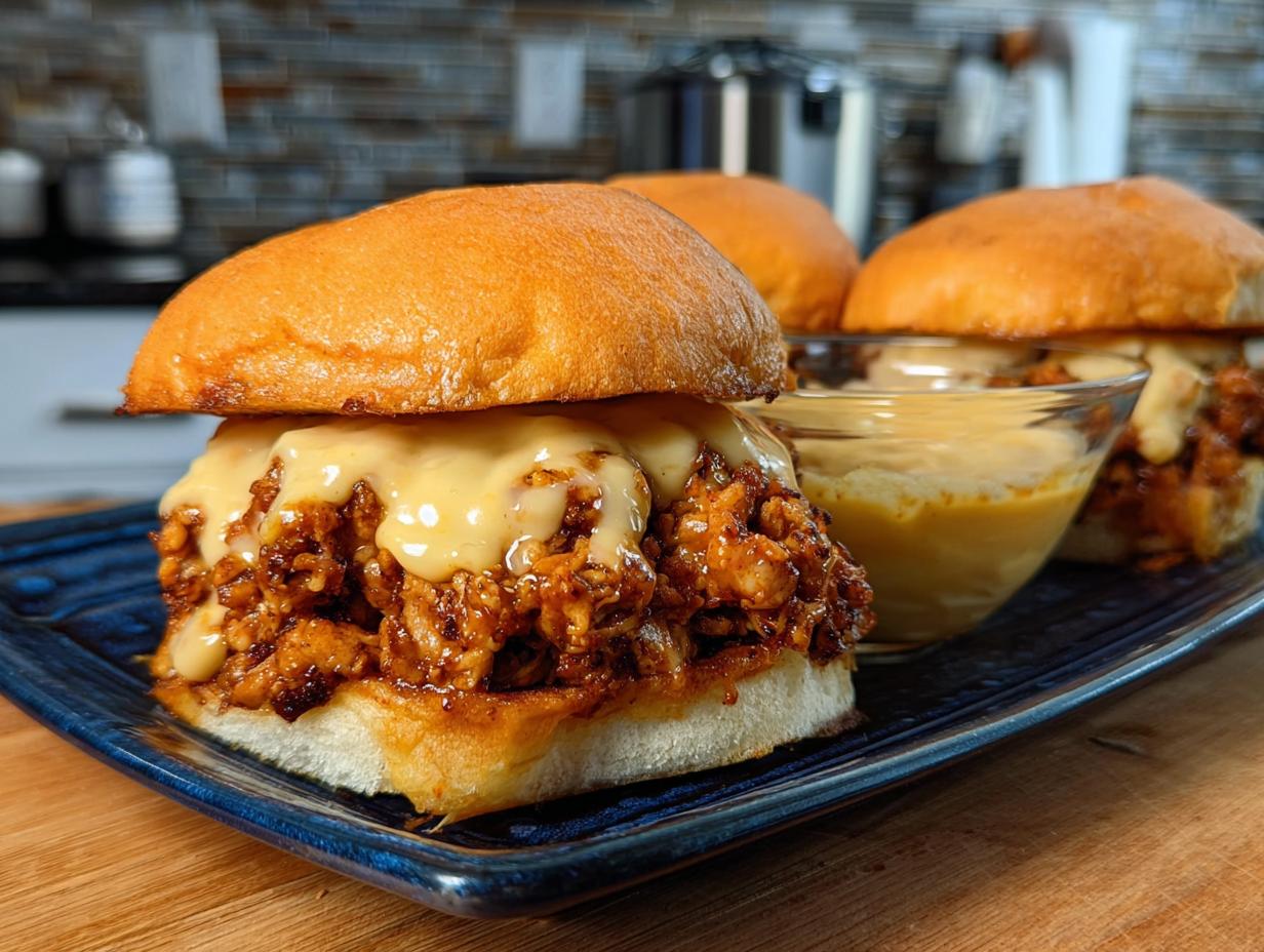 Close-up of Cajun Chicken Sloppy Joes topped with creamy cheese sauce on a blue plate.