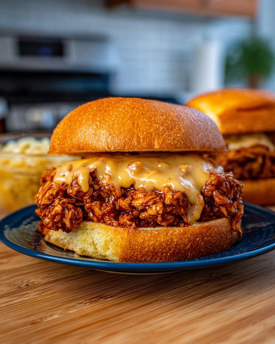 Close-up of a delicious Cajun Chicken Sloppy Joe sandwich topped with creamy cheese sauce.