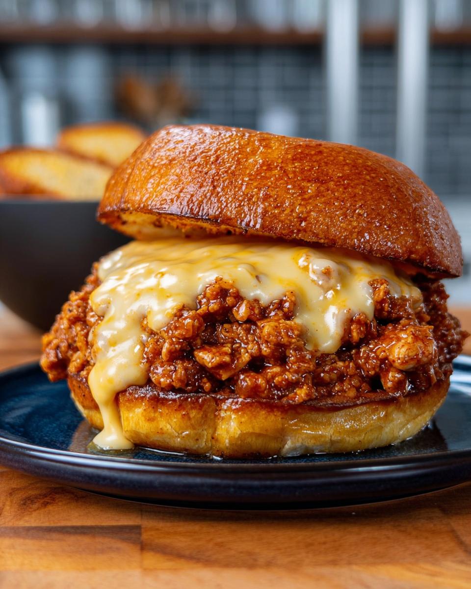 A close-up of a delicious Cajun Chicken Sloppy Joe sandwich, generously topped with melted creamy cheese sauce.