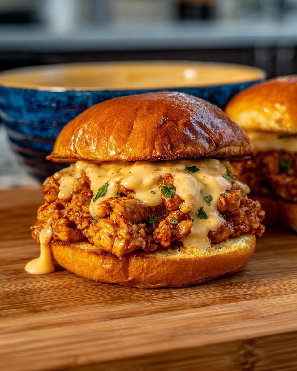 Close-up of a Cajun Chicken Sloppy Joe sandwich topped with creamy cheese sauce and parsley.