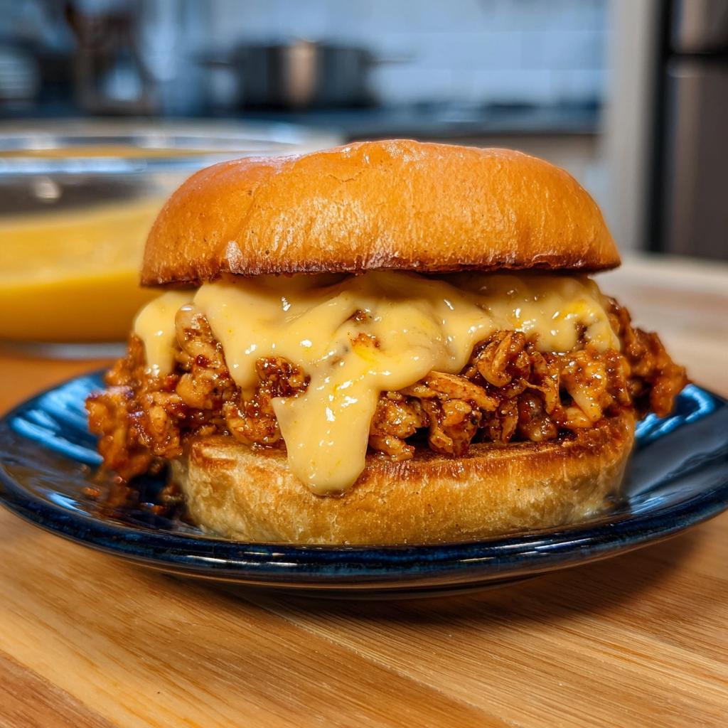 A delicious Cajun Chicken Sloppy Joe sandwich piled high with shredded chicken and dripping with creamy cheese sauce on a bun.