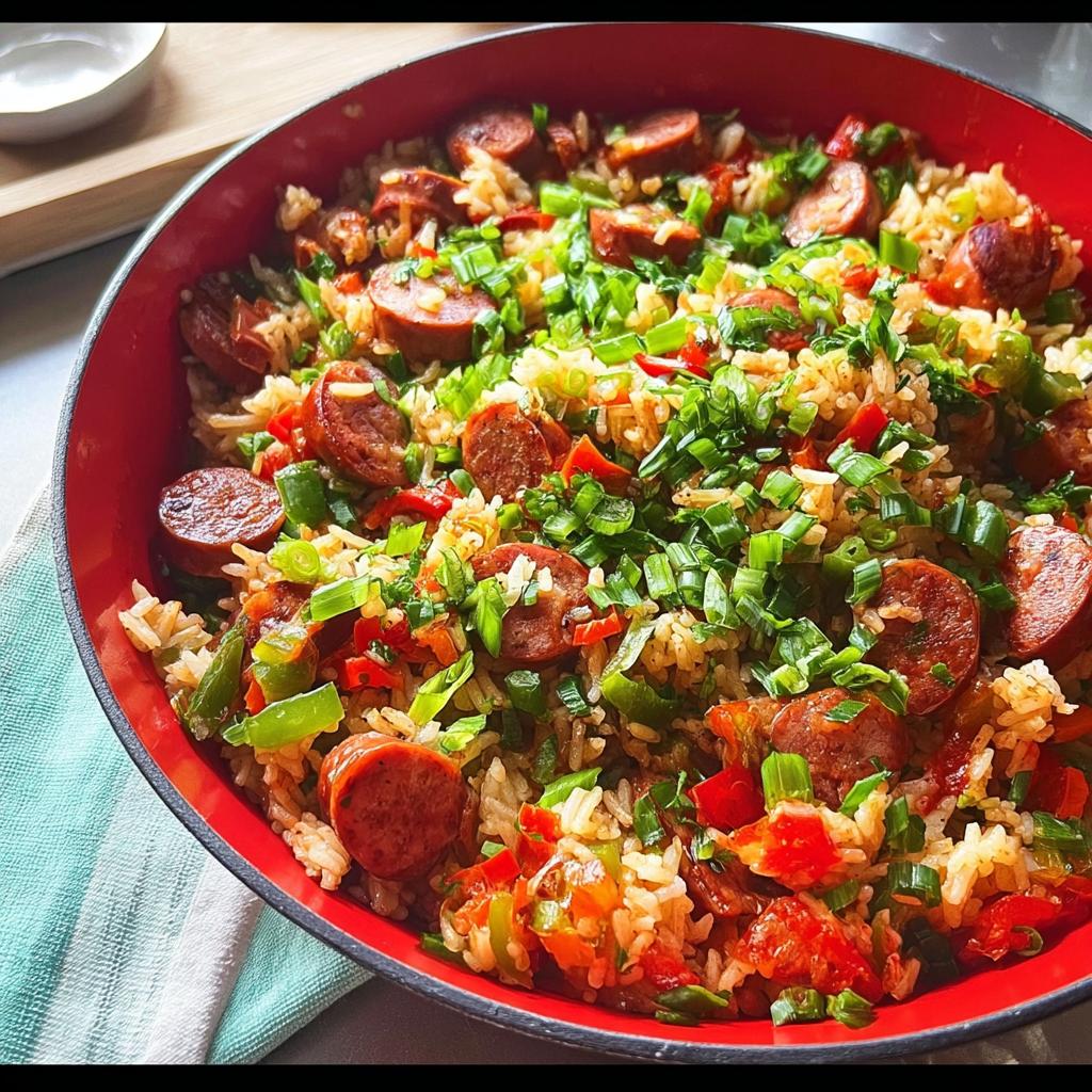 A close-up of a vibrant Cajun Sausage and Rice Skillet, filled with rice, sliced sausage, bell peppers, and green onions.
